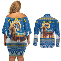 Sweden Christmas Couples Matching Off Shoulder Short Dress and Long Sleeve Button Shirt Julbock Yule Goat LT19
