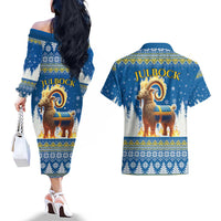 Sweden Christmas Couples Matching Off The Shoulder Long Sleeve Dress and Hawaiian Shirt Julbock Yule Goat LT19