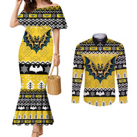 Personalized Brecknockshire Wales Christmas Couples Matching Mermaid Dress and Long Sleeve Button Shirt Welsh Celtic Bat Design - Wonder Print Shop