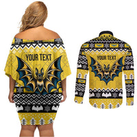 Personalized Brecknockshire Wales Christmas Couples Matching Off Shoulder Short Dress and Long Sleeve Button Shirt Welsh Celtic Bat Design - Wonder Print Shop