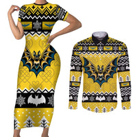 Personalized Brecknockshire Wales Christmas Couples Matching Short Sleeve Bodycon Dress and Long Sleeve Button Shirt Welsh Celtic Bat Design - Wonder Print Shop