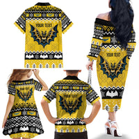 Personalized Brecknockshire Wales Christmas Family Matching Off The Shoulder Long Sleeve Dress and Hawaiian Shirt Welsh Celtic Bat Design - Wonder Print Shop