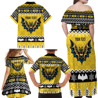 Personalized Brecknockshire Wales Christmas Family Matching Off Shoulder Maxi Dress and Hawaiian Shirt Welsh Celtic Bat Design - Wonder Print Shop