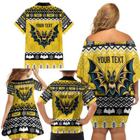 Personalized Brecknockshire Wales Christmas Family Matching Off Shoulder Short Dress and Hawaiian Shirt Welsh Celtic Bat Design - Wonder Print Shop
