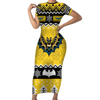 Personalized Brecknockshire Wales Christmas Family Matching Short Sleeve Bodycon Dress and Hawaiian Shirt Welsh Celtic Bat Design - Wonder Print Shop
