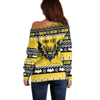 Personalized Brecknockshire Wales Christmas Off Shoulder Sweater Welsh Celtic Bat Design - Wonder Print Shop