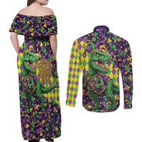 Funny Mardi Gras T-Rex Dinosaur Couples Matching Off Shoulder Maxi Dress and Long Sleeve Button Shirt Let The Good Times Roll - Wonder Print Shop