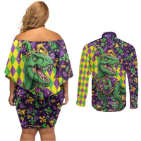 Funny Mardi Gras T-Rex Dinosaur Couples Matching Off Shoulder Short Dress and Long Sleeve Button Shirt Let The Good Times Roll - Wonder Print Shop