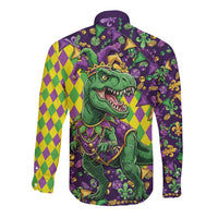 Funny Mardi Gras T-Rex Dinosaur Long Sleeve Button Shirt Let The Good Times Roll - Wonder Print Shop