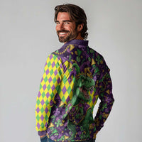Funny Mardi Gras T-Rex Dinosaur Long Sleeve Polo Shirt Let The Good Times Roll - Wonder Print Shop