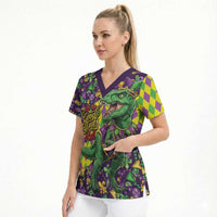 Funny Mardi Gras T-Rex Dinosaur Scrub Top Let The Good Times Roll - Wonder Print Shop