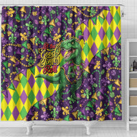 Funny Mardi Gras T-Rex Dinosaur Shower Curtain Let The Good Times Roll - Wonder Print Shop