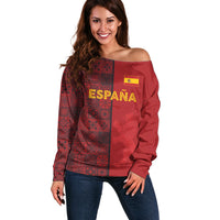 Custom World Football 2026 Spain Off Shoulder Sweater Spanish Lion Azulejo Pattern
