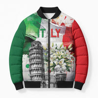 Italy Pisa Tower Bomber Puffer Jacket White Lily With Flag Style - Wonder Print Shop