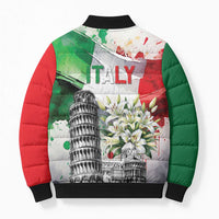 Italy Pisa Tower Bomber Puffer Jacket White Lily With Flag Style - Wonder Print Shop