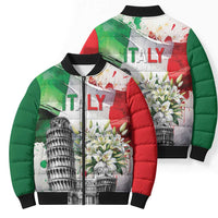 Italy Pisa Tower Bomber Puffer Jacket White Lily With Flag Style - Wonder Print Shop