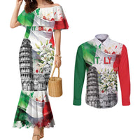 Italy Pisa Tower Couples Matching Mermaid Dress and Long Sleeve Button Shirt White Lily With Flag Style - Wonder Print Shop