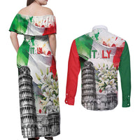 Italy Pisa Tower Couples Matching Off Shoulder Maxi Dress and Long Sleeve Button Shirt White Lily With Flag Style - Wonder Print Shop