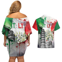 Italy Pisa Tower Couples Matching Off Shoulder Short Dress and Hawaiian Shirt White Lily With Flag Style - Wonder Print Shop