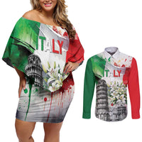 Italy Pisa Tower Couples Matching Off Shoulder Short Dress and Long Sleeve Button Shirt White Lily With Flag Style - Wonder Print Shop