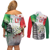 Italy Pisa Tower Couples Matching Off Shoulder Short Dress and Long Sleeve Button Shirt White Lily With Flag Style - Wonder Print Shop