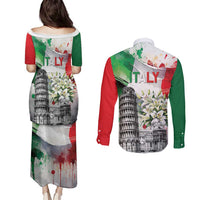 Italy Pisa Tower Couples Matching Puletasi and Long Sleeve Button Shirt White Lily With Flag Style - Wonder Print Shop