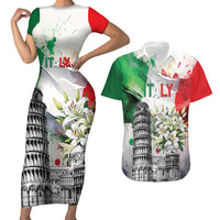 Italy Pisa Tower Couples Matching Short Sleeve Bodycon Dress and Hawaiian Shirt White Lily With Flag Style - Wonder Print Shop