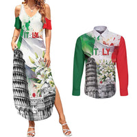 Italy Pisa Tower Couples Matching Summer Maxi Dress and Long Sleeve Button Shirt White Lily With Flag Style - Wonder Print Shop