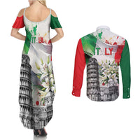 Italy Pisa Tower Couples Matching Summer Maxi Dress and Long Sleeve Button Shirt White Lily With Flag Style - Wonder Print Shop