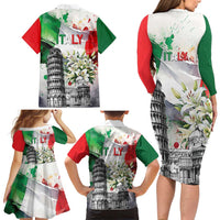 Italy Pisa Tower Family Matching Long Sleeve Bodycon Dress and Hawaiian Shirt White Lily With Flag Style - Wonder Print Shop