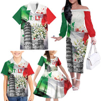 Italy Pisa Tower Family Matching Off The Shoulder Long Sleeve Dress and Hawaiian Shirt White Lily With Flag Style - Wonder Print Shop