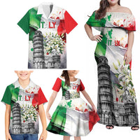 Italy Pisa Tower Family Matching Off Shoulder Maxi Dress and Hawaiian Shirt White Lily With Flag Style - Wonder Print Shop