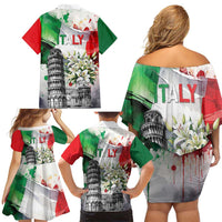 Italy Pisa Tower Family Matching Off Shoulder Short Dress and Hawaiian Shirt White Lily With Flag Style - Wonder Print Shop