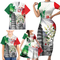 Italy Pisa Tower Family Matching Short Sleeve Bodycon Dress and Hawaiian Shirt White Lily With Flag Style - Wonder Print Shop