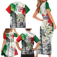 Italy Pisa Tower Family Matching Short Sleeve Bodycon Dress and Hawaiian Shirt White Lily With Flag Style - Wonder Print Shop