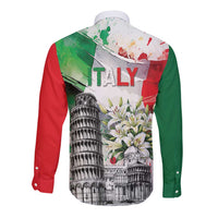 Italy Pisa Tower Long Sleeve Button Shirt White Lily With Flag Style - Wonder Print Shop