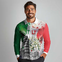 Italy Pisa Tower Long Sleeve Polo Shirt White Lily With Flag Style - Wonder Print Shop