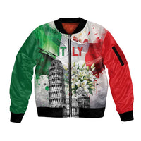 Italy Pisa Tower Sleeve Zip Bomber Jacket White Lily With Flag Style - Wonder Print Shop