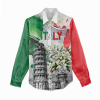 Italy Pisa Tower Women Casual Shirt White Lily With Flag Style - Wonder Print Shop