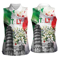 Italy Pisa Tower Women Sleeveless Polo Shirt White Lily With Flag Style - Wonder Print Shop