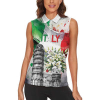 Italy Pisa Tower Women Sleeveless Polo Shirt White Lily With Flag Style - Wonder Print Shop