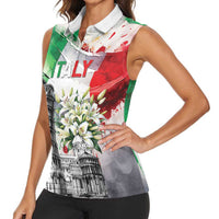 Italy Pisa Tower Women Sleeveless Polo Shirt White Lily With Flag Style - Wonder Print Shop