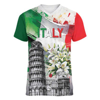Italy Pisa Tower Women V-Neck T-Shirt White Lily With Flag Style - Wonder Print Shop