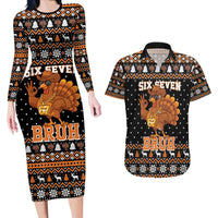 Thanksgiving Turkey Six Seven Bruh Couples Matching Long Sleeve Bodycon Dress and Hawaiian Shirt Meme Gen Alpha Slang - Wonder Print Shop