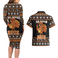 Thanksgiving Turkey Six Seven Bruh Couples Matching Long Sleeve Bodycon Dress and Hawaiian Shirt Meme Gen Alpha Slang - Wonder Print Shop