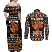 Thanksgiving Turkey Six Seven Bruh Couples Matching Off Shoulder Maxi Dress and Long Sleeve Button Shirt Meme Gen Alpha Slang - Wonder Print Shop