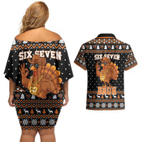 Thanksgiving Turkey Six Seven Bruh Couples Matching Off Shoulder Short Dress and Hawaiian Shirt Meme Gen Alpha Slang - Wonder Print Shop