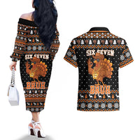 Thanksgiving Turkey Six Seven Bruh Couples Matching Off The Shoulder Long Sleeve Dress and Hawaiian Shirt Meme Gen Alpha Slang - Wonder Print Shop
