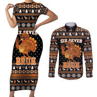 Thanksgiving Turkey Six Seven Bruh Couples Matching Short Sleeve Bodycon Dress and Long Sleeve Button Shirt Meme Gen Alpha Slang - Wonder Print Shop