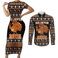 Thanksgiving Turkey Six Seven Bruh Couples Matching Short Sleeve Bodycon Dress and Long Sleeve Button Shirt Meme Gen Alpha Slang - Wonder Print Shop